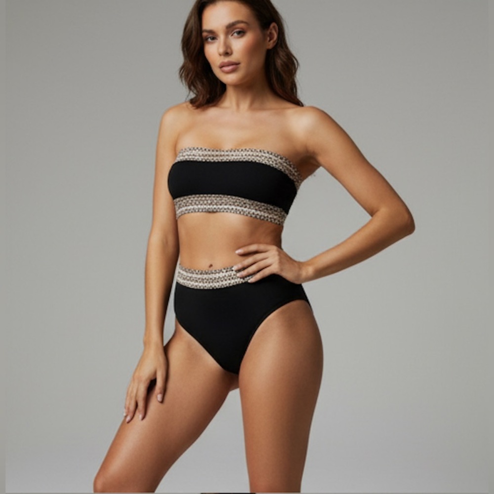 Ribbed Leopard Trim Bandeau High Waisted Bikini Swimsuit. - Picture 3 of 7